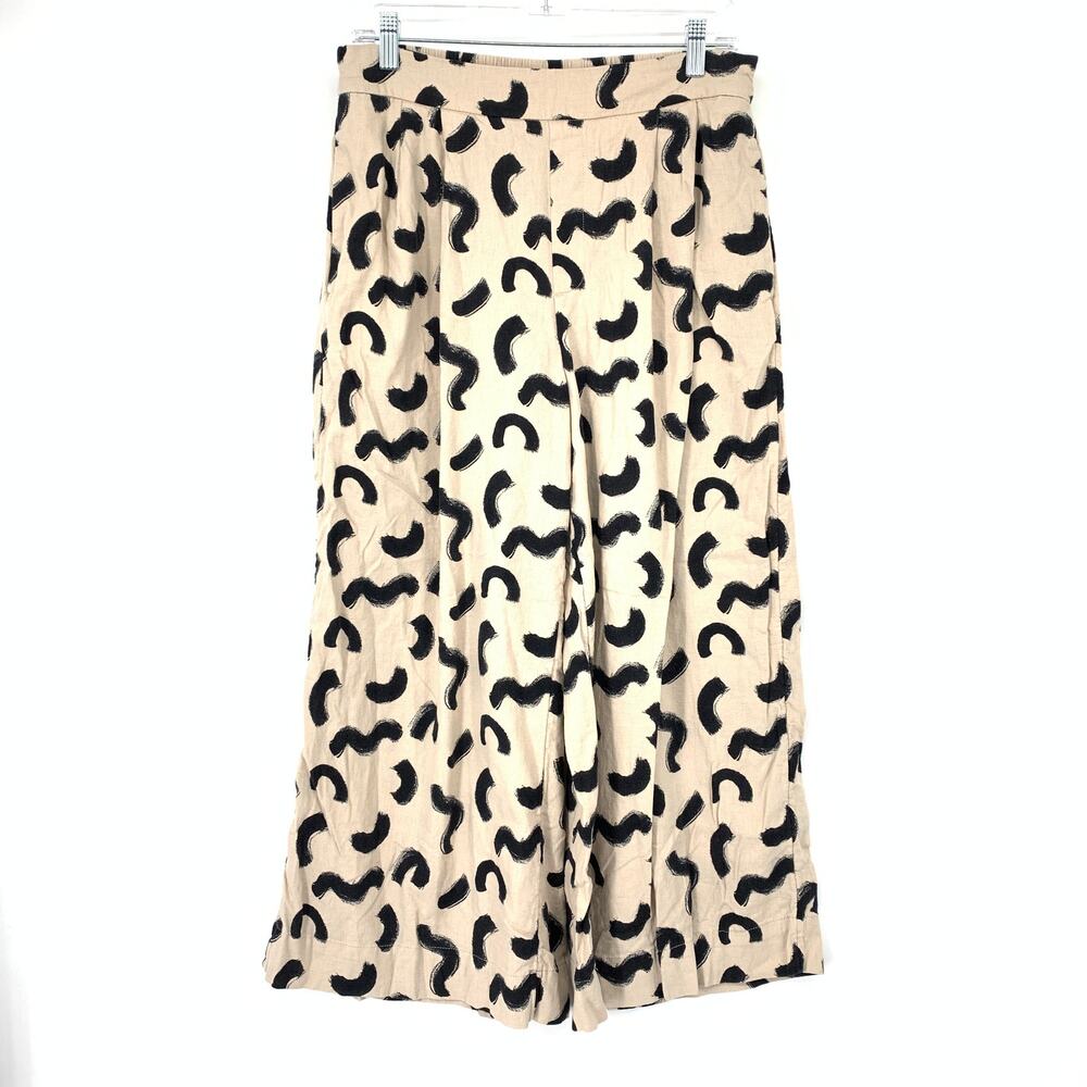 A New Day Pants Womens Medium Beige Black Wide Leg Cropped Brushstroke Print